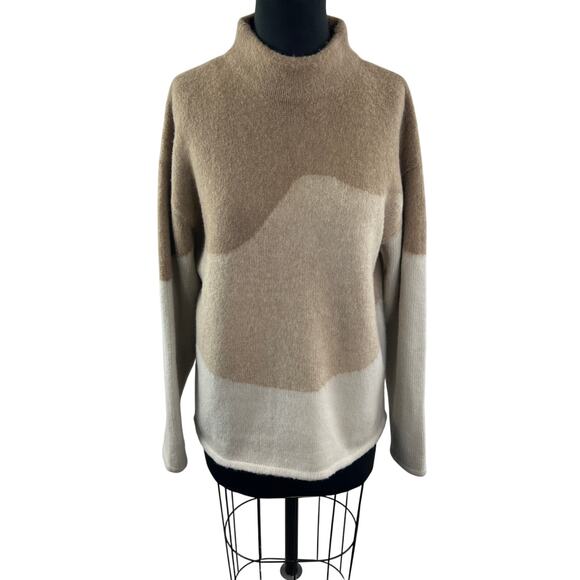 THEORY Beige Brown Sweater Wool Brushed Intarsia Mock Neck Pullover M Medium - Picture 1 of 6
